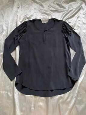 Rory Beca Black 100% Silk Fringe Shoulder Detail Top Boho Western Small